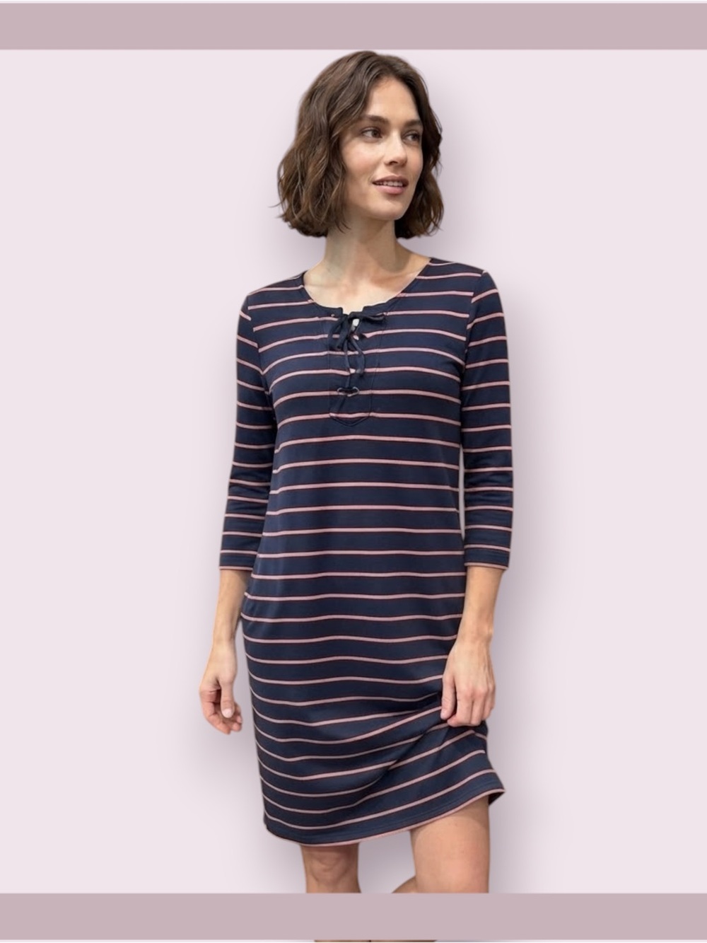 Kenar Navy and Pink/Coral Striped Lace-Up Dress
